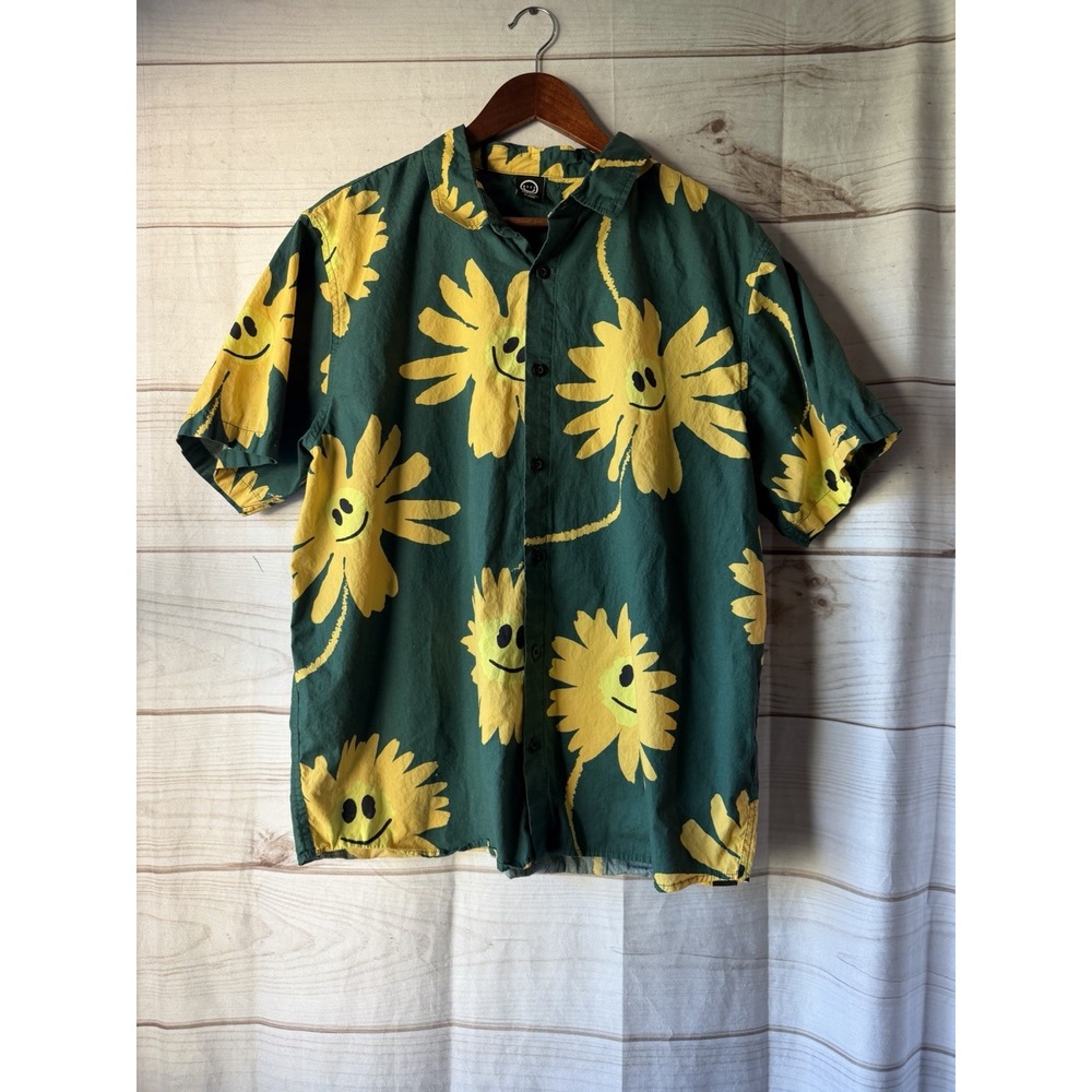 Neff Floral Happy Face Shirt Mens Size XL Green Yellow Short Sleeve Button Down